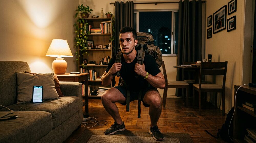 Homem fazendo agachamento com mochila em casa, sem equipamento